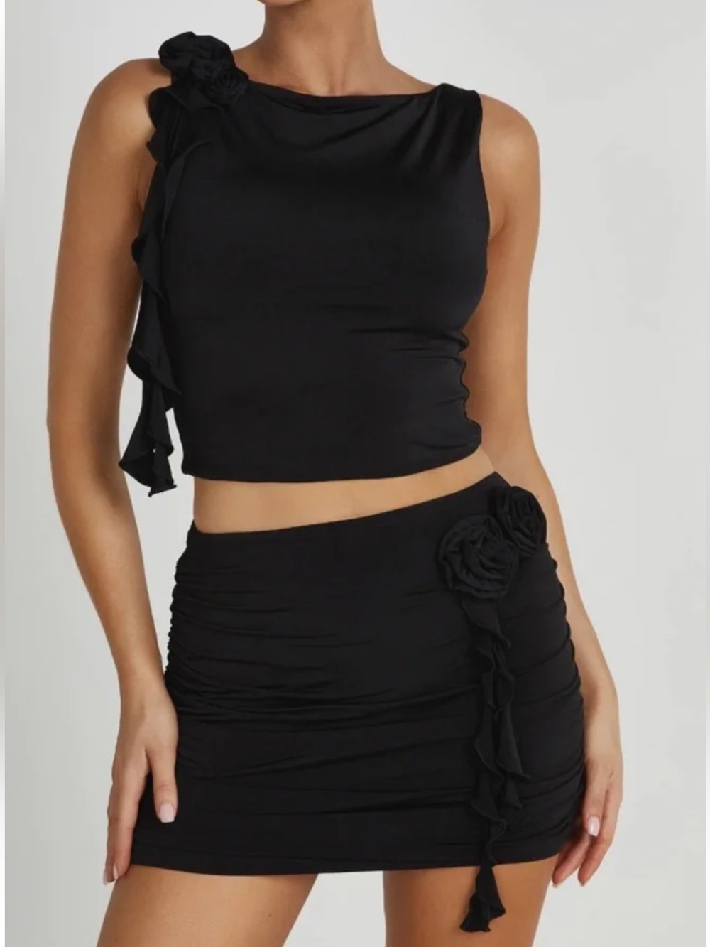 Women’s Black Ruched Top and Mini Skirt with Floral Detail